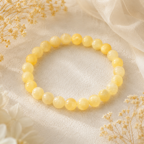 Yellow Calcite Jade Natursteinarmband mit 8 mm großen, polierten Perlen in warmem Gelb und Creme, stilvoll auf einer hellen, fein strukturierten Oberfläche mit floralen Akzenten inszeniert.