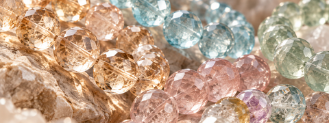 Facettierte Bergkristall Armbänder in verschiedenen Farben als natürliche Makroaufnahme.