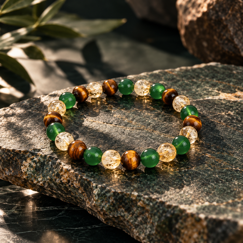 Elarûn Mixed Naturstein Armband mit grünen, goldbraunen und transparenten Perlen auf dunklem Naturstein.