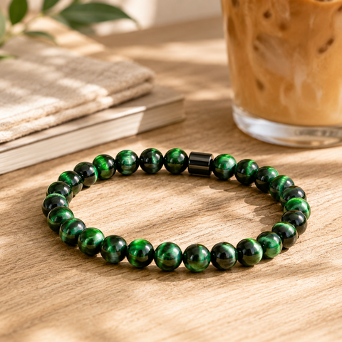 Grünes Tigerauge-Armband mit 6-mm-Perlen in kräftigen Grün- und Schwarztönen mit schwarzem Metallakzent.