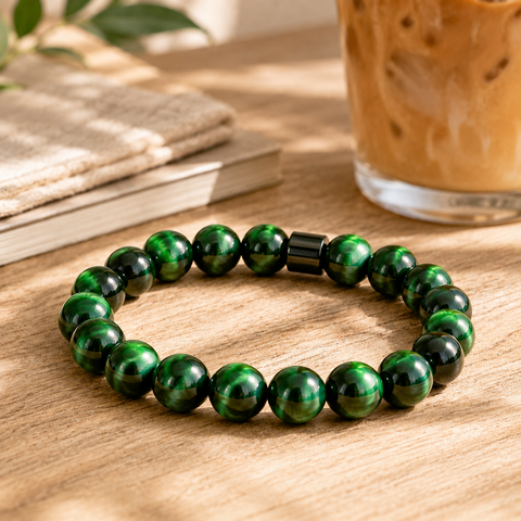 Grünes Tigerauge-Armband mit 8-mm-Perlen in intensivem Grün und Schwarz auf warmem Holzhintergrund.