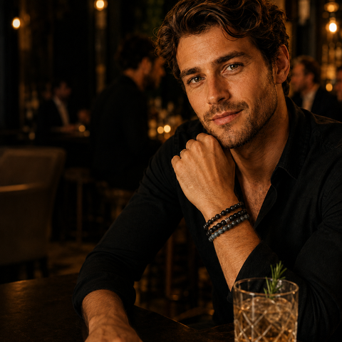 Mann in dunkler Bar trägt mehrere Natursteinarmbänder in Schwarz-, Grau- und Grüntönen.