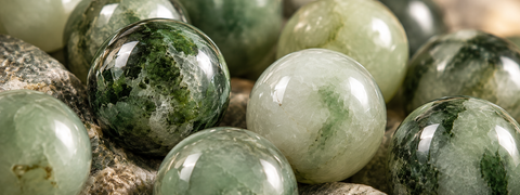 Polierte Jade-Natursteinperlen in verschiedenen Grüntönen als Makroaufnahme.