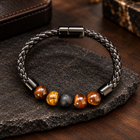 KAIO Armband mit warmen Tigerauge-Perlen, dunklem Lavastein und schwarzem geflochtenem Band.
