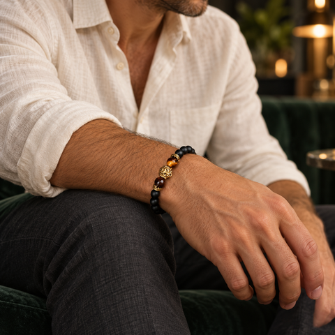 Mann trägt das LEONIS Gold Löwenkopf Armband mit mattschwarzen Perlen, Tigerauge und goldfarbenem Löwenkopf.