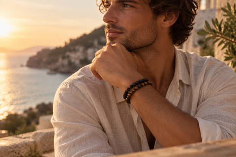 Mann trägt Tigerauge- und Natursteinarmbänder von AVRE Studios
