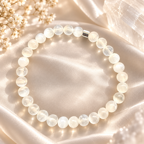 Naxos Selenit Armband mit weißen 6-mm-Natursteinperlen und silberfarbenem Akzent auf hellem Satin.