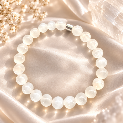 Naxos Selenit Armband mit weißen 8-mm-Natursteinperlen und silberfarbenem Akzent auf hellem Satin.