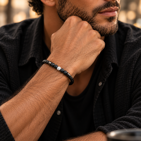 Mann trägt das NØR Howlith & Lavastein Armband mit schwarzen Lavastein-Perlen, weißem Howlith und geflochtenem schwarzem Band.