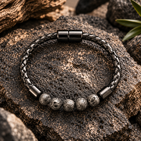 NOX Armband mit strukturierten grauen Lavastein-Perlen und schwarzem geflochtenem Band.