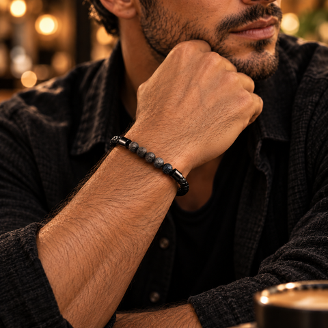 Mann trägt das NOX Lavastein Armband mit fünf strukturierten grauen Lavastein-Perlen und schwarzem geflochtenem Band.