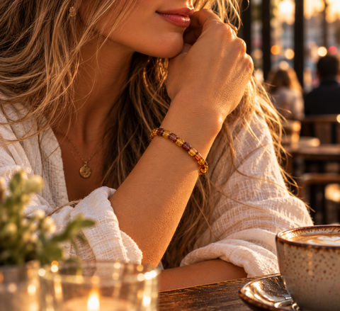 Frau trägt das PALANGA Naturbernstein Armband mit gold- und honigfarbenen Bernsteinsteinen am Handgelenk.