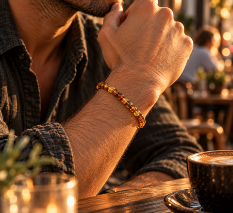 Mann trägt das PALANGA Naturbernstein Armband mit kleinen honig- und cognacfarbenen Bernsteinsteinen am Handgelenk.