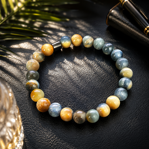 Tigerauge-Armband mit 8-mm-Perlen in Blau-, Grau-, Gold- und Brauntönen auf dunklem, eleganten Hintergrund mit warmem Licht und stilvollen Accessoires.