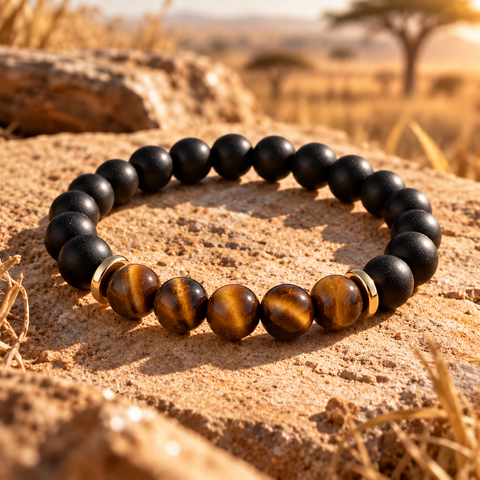 TSAVO Focus Tigerauge Armband mit fünf goldbraunen Tigerauge-Perlen, mattschwarzen Natursteinperlen und goldfarbenen Details.