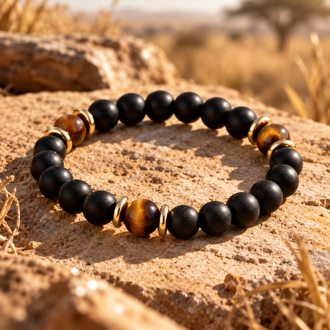 TSAVO Tigerauge Armband mit mattschwarzen Perlen, goldbraunen Tigerauge-Steinen und goldfarbenen Zwischenperlen.