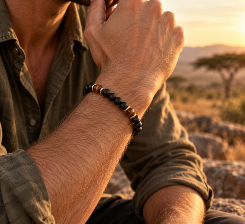 Mann trägt das TSAVO Tigerauge Armband mit schwarzen Natursteinperlen, goldbraunem Tigerauge und goldfarbenen Details.