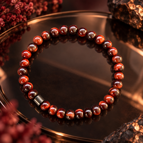 Uluru Tigerauge Armband mit roten 6-mm-Perlen in Rubin-, Kupfer- und Brauntönen.