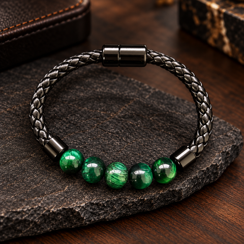 VERO Armband mit glänzenden grünen Tigerauge-Perlen und schwarzem geflochtenem Band.