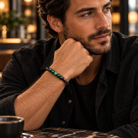 Mann trägt das VERO Grünes Tigerauge Armband mit fünf grünen Tigerauge-Perlen und schwarzem geflochtenem Band.