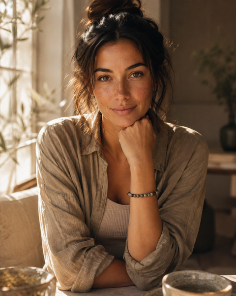 Frau im warmen Golden-September-Look mit Natursteinarmband, frontal im goldenen Licht fotografiert.