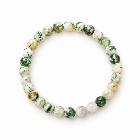 Madeira Tree Achat Armband mit cremegrünen Natursteinperlen auf weißem Hintergrund.