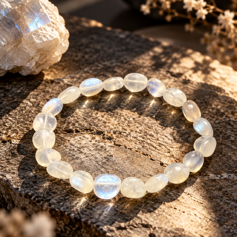 MÅNA Mondstein Armband von AVRE Studios mit hellen natürlich geformten Mondsteinen und dezent bläulichem Schimmer